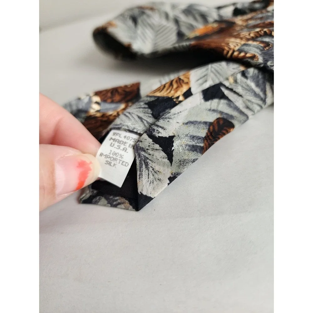 Endangered Species Tiger Silk Tie Mens Jungle Leaf Animal Print Grey Orange USA